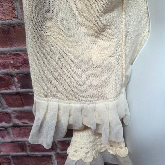 Curio Cardigan S | Vintage 80s Cream Knit Chiffon Ruffle Coquette Cottagecore - Picture 5 of 6